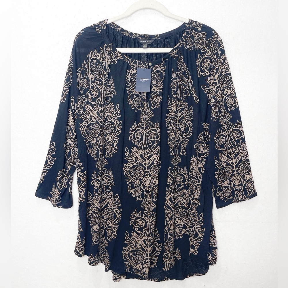 Lucky Brand Black Tan‎ Boho Print 3/4 Sleeve Round Keyhole Neckline Too Size 3X